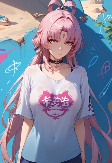 star rail,fu xuan,oversized graffiti shirt,dolphin shorts  - AI generated anime art